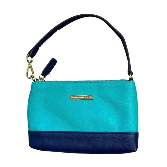 Banana Republic Colorblock Wristlet Aqua/Navy Golden Hardware Faux Leather 5” - Picture 1 of 12